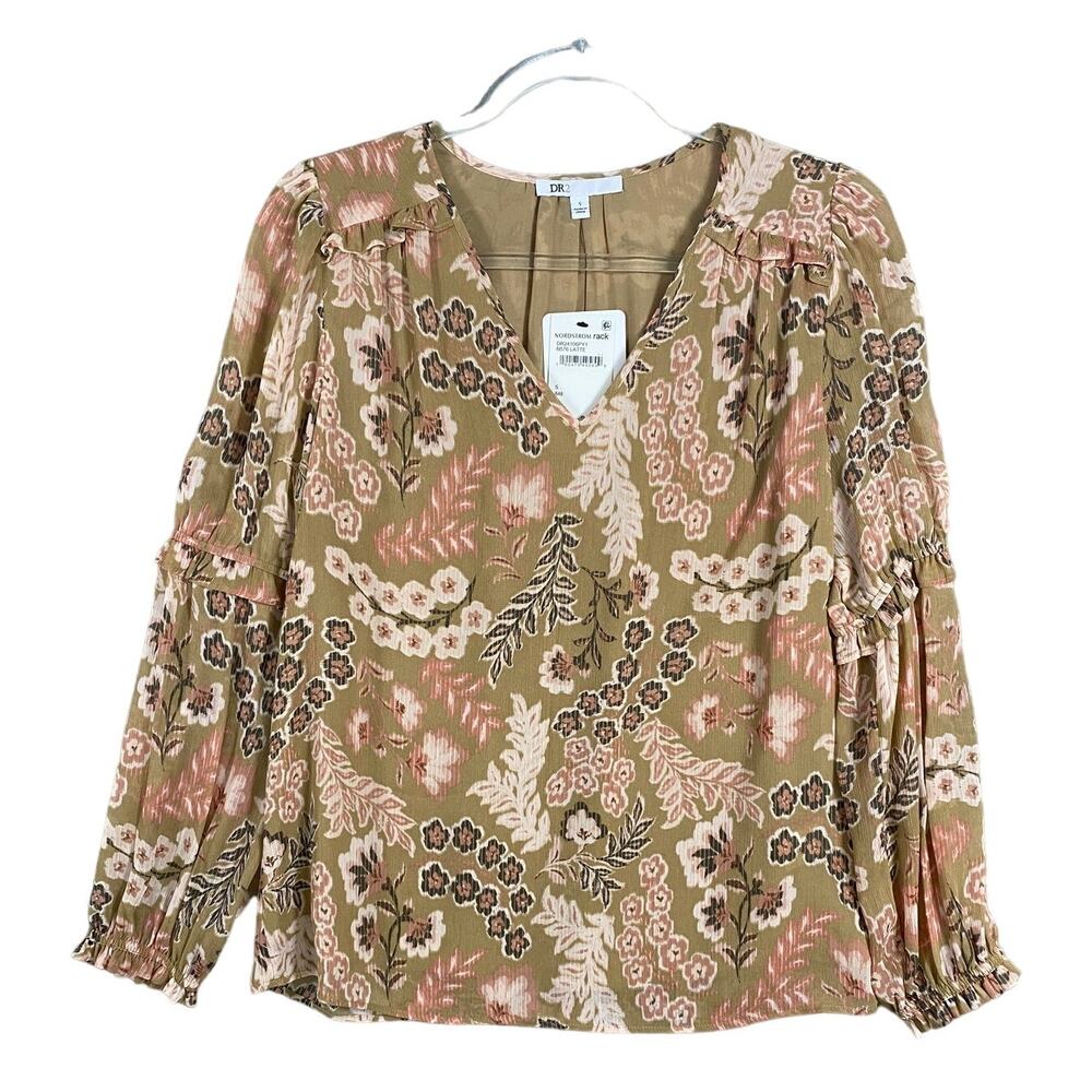 NEW Women's Small Brown and Pink Ruffle Long Sleeve Floral V-Neck Blouse Top